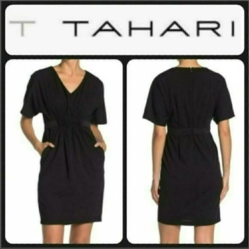 NWT MSRP $129 T Tahari V-Neck Pleated Elastic Waist Dress Women's Size 8